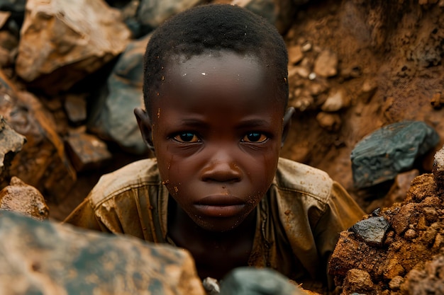 Photo image conceptuelle d'un enfant africain souffrant dans des conditions inhumaines d'extraction de cobalt