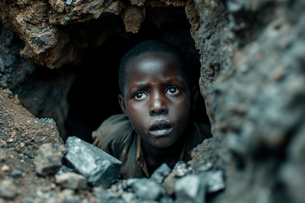 Image conceptuelle d'un enfant africain souffrant dans des conditions inhumaines d'extraction de cobalt