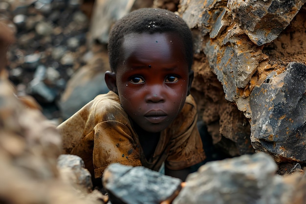 Photo image conceptuelle d'un enfant africain souffrant dans des conditions inhumaines d'extraction de cobalt