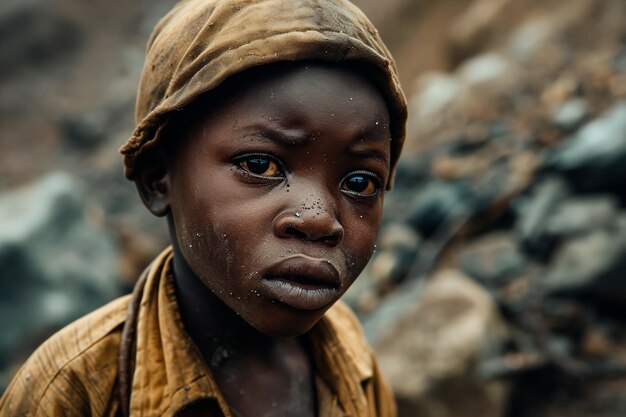 Photo image conceptuelle d'un enfant africain souffrant dans des conditions inhumaines d'extraction de cobalt