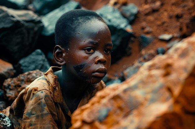 Image conceptuelle d'un enfant africain souffrant dans des conditions inhumaines d'extraction de cobalt