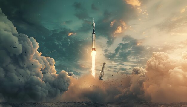 Photo image conceptuelle d'une fusée qui survole la ville