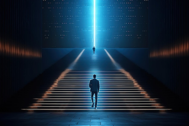 Une image conceptuelle avec un grand escalier et une personne marchant vers l'atteinte de son objectif IA générative
