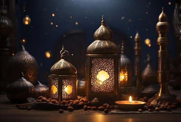 Image conceptuelle islamique en forme de croissant de lune avec une lampe de lanterne du Ramadan sur la plage Eid Mubarak poste