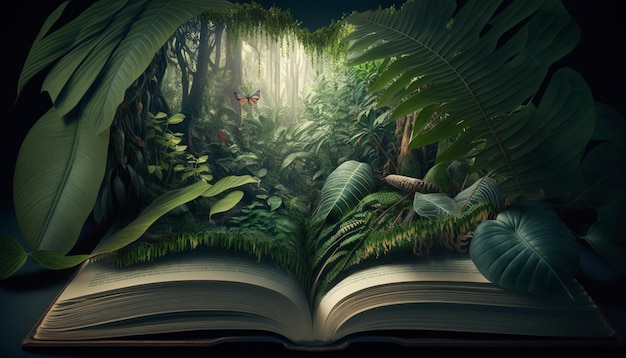 Image conceptuelle d'un livre ouvert avec des plantes vertes dans la forêt Generative AI
