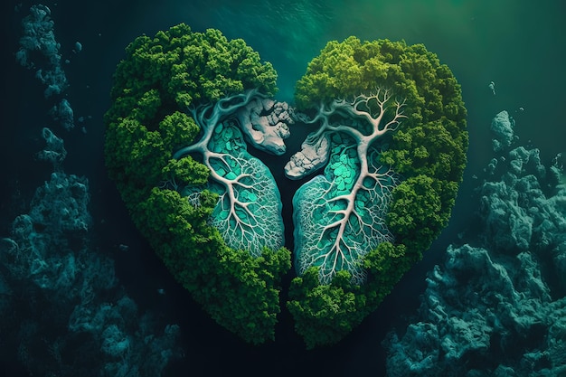 Une image conceptuelle montrant un lac en forme de poumon dans une jungle luxuriante et vierge Generative AI