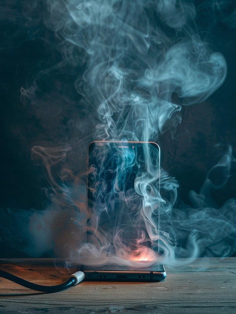 Une image conceptuelle montrant un smartphone branché et chargé avec une quantité inhabituelle de fumée émise par l'écran