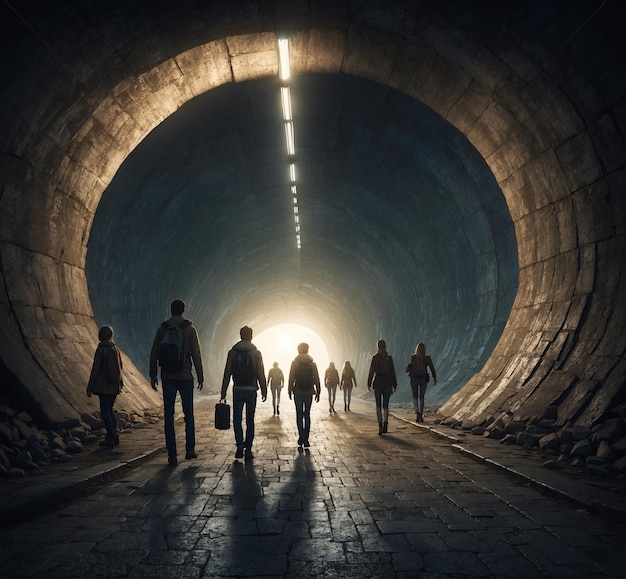 Image conceptuelle de personnes marchant dans un tunnel en 3D