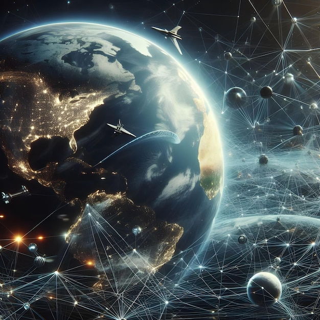 Image conceptuelle avec la planète Terre et les lignes de connexion 3D
