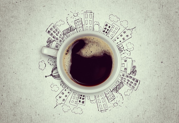 Image conceptuelle de tasse de café et concept de ville moderne