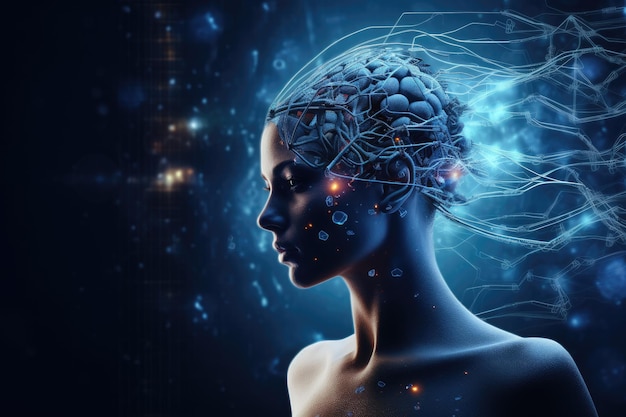 Une image conceptuelle de la technologie d'IA qui se fonde avec le cerveau humain pour former l'apparence d'IA en