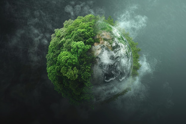 Image conceptuelle de la Terre avec une moitié couverte d'un feuillage vert vibrant représentant l'harmonie écologique et la durabilité