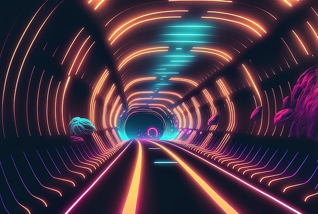 Image conceptuelle d'un tunnel à fibre optique au néon utilisant la technologie métavers