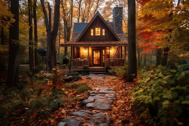 Image confortable d'une charmante cabane nichée au milieu d'une forêt d'automne entourée de feuillage coloré ai générative