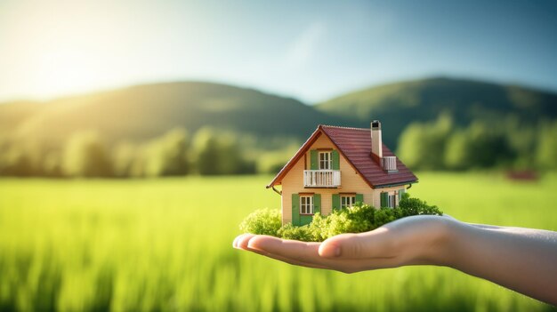 Une image convaincante de la maison dans la nature avec une main tenant un symbole de maison contre un champ vert pittoresque