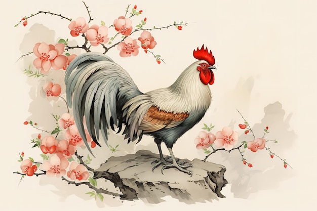 Image d'un coq avec des fleurs de cerisier roses dans un style chinois ancien Animaux de la ferme Nature Illustration IA générative