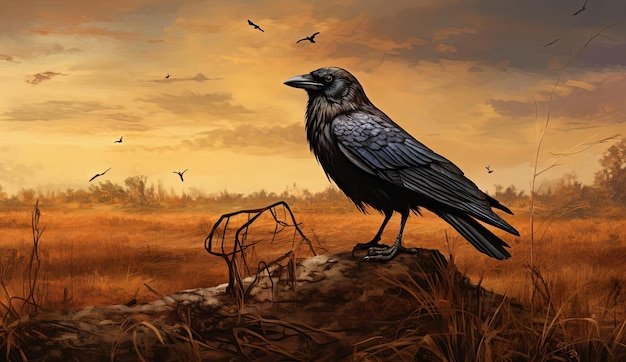 une image d'un corbeau noir marchant dans un champ vide dans le style de figures humaines réalistes