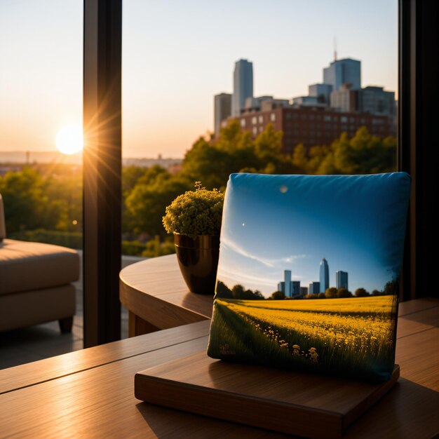 Photo une image d'un coucher de soleil est sur une table avec une vue sur la ville