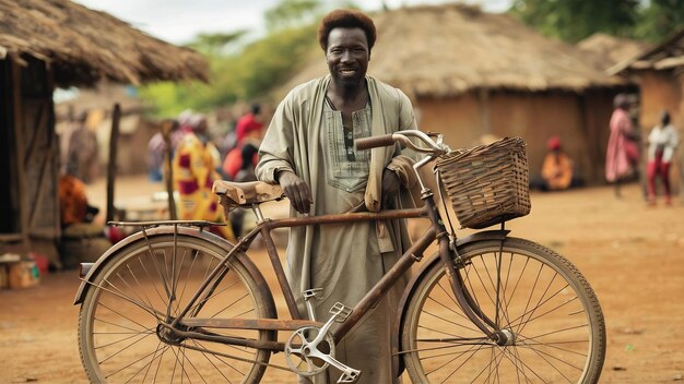 Photo image coupée d'un homme africain debout près d'un vélo