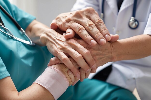 Image coupée d'une infirmière tenant la main de ses patients âgés Donnant du soutien Docteur aidant un patient âgé atteint de la maladie d'Alzheimer Une soignante tenant la main d'un homme âgé