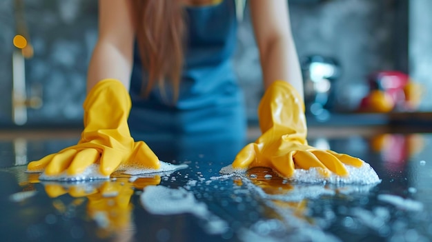 Image coupée d'une jeune femme en gants en caoutchouc nettoyant le comptoir de la cuisine