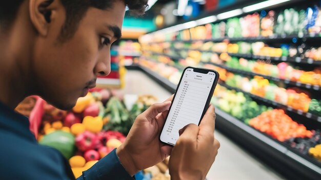 Photo image coupée d'un jeune homme vérifiant la liste d'achat dans son smartphone à l'épicerie