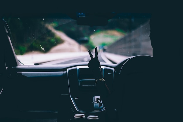 Image coupée d'une personne montrant un signe de paix dans une voiture