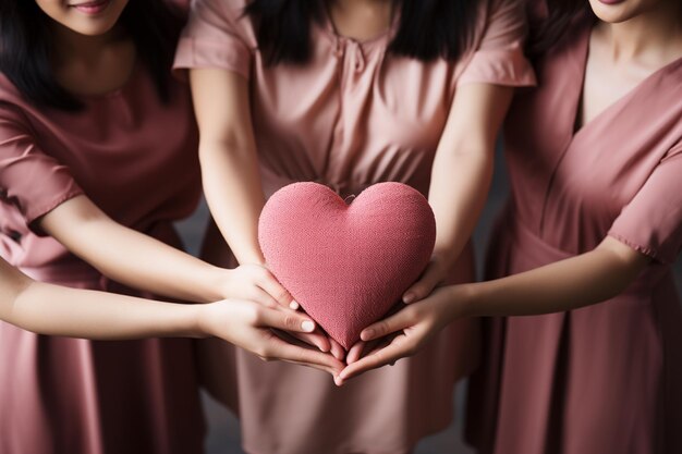 Image coupée de trois femmes tenant un oreiller en forme de cœur dans leurs mains