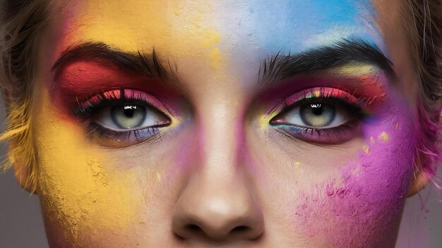 Image coupée d'yeux féminins avec un maquillage en poudre colorée