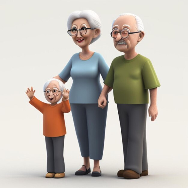 une image d'un couple âgé avec un petit garçon et une femme tenant une main agitant