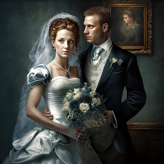 Une image d'un couple d'aristocrates avec un bouquet lors d'une cérémonie de mariage unité sociale de vacances style de costume formel relation de personne inexistante art intelligence artificielle générative