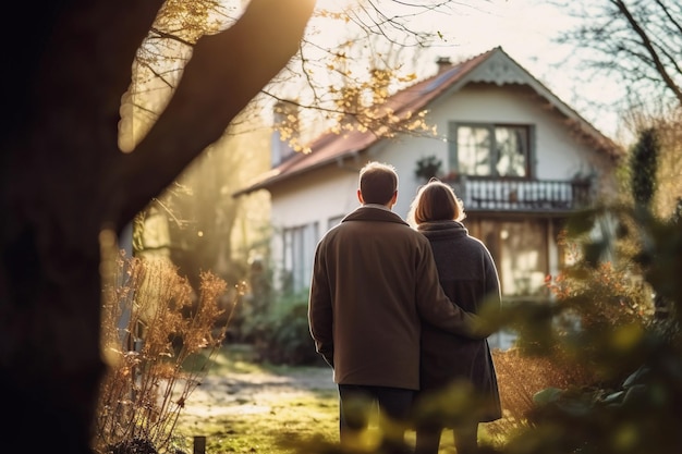 Image d'un couple debout devant une nouvelle maison