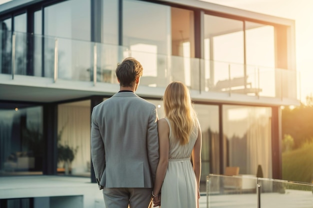 Image d'un couple debout devant une nouvelle maison