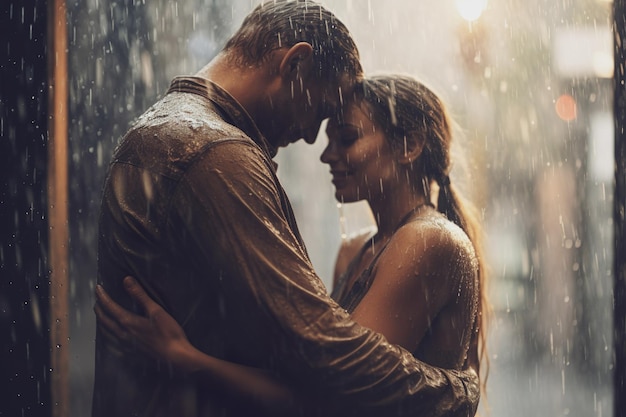 Image d'un couple romantique s'étreignant sous la pluie