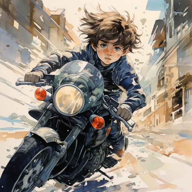 Photo image de course de moto de jeune garçon dans le style d'anime générée par l'ia