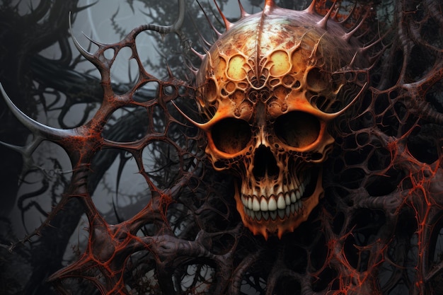 une image d'un crâne dans une forêt sombre