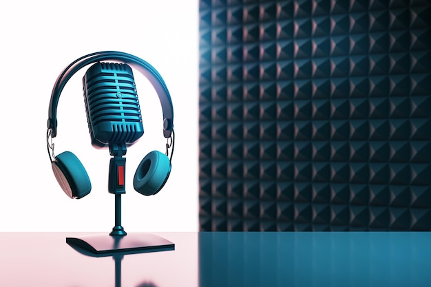 Image créative avec micro et maquette sur fond bleu Publicité en podcast et concept de voix off Rendering 3D