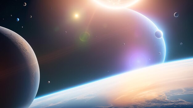 Une image créative d'une planète avec un soleil et une lune en arrière-plan AI Generative