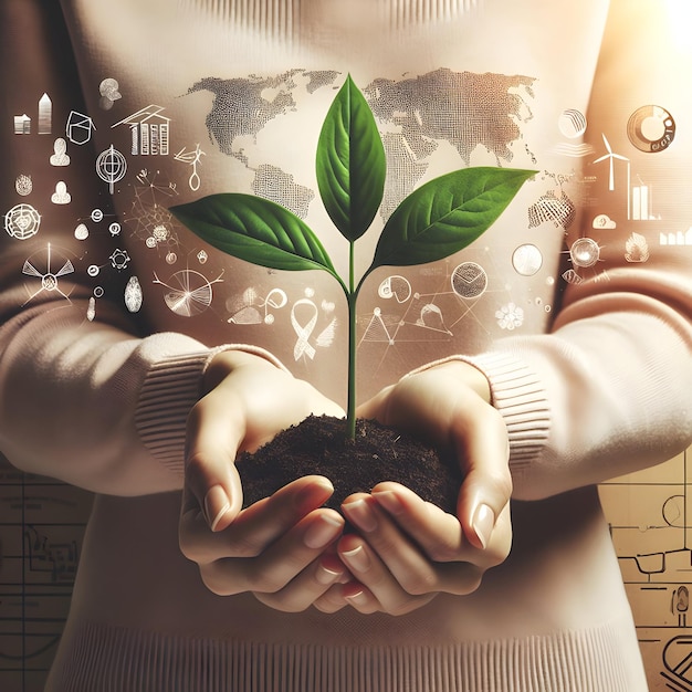 Image de Dans le concept de monde durable écologique et vert, les mains d'une femme tiennent une plante en croissance