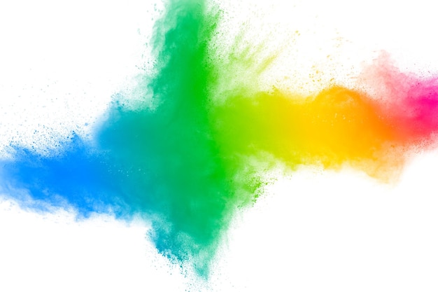 Image défocalisée de peintures en poudre multicolores sur fond blanc