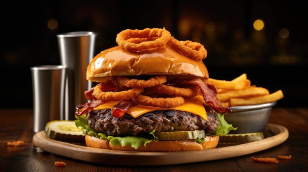 Photo une image délicieuse d'un hamburger juteux empilié avec de la laitue, de la tomate et du fromage.