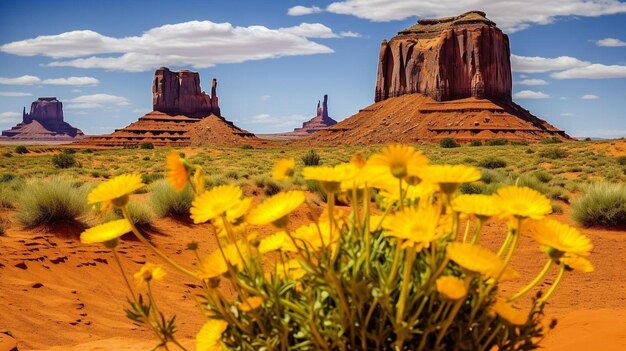 Photo une image d'un désert avec un champ de fleurs jaunes