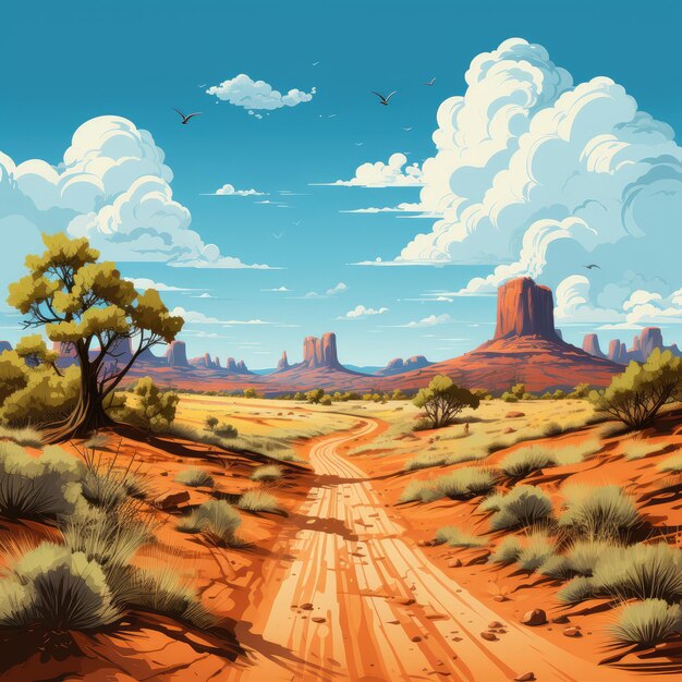 une image d'un désert avec une route et un paysage désertique