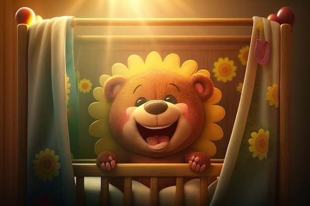 Une image de dessin animé d'un bébé ours dans un berceau