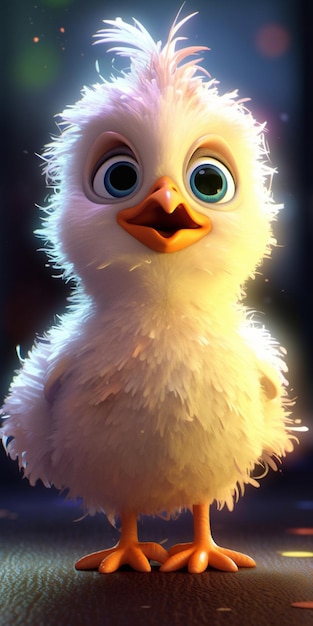 Une image de dessin animé d'un bébé poulet aux yeux bleus et un fond noir.