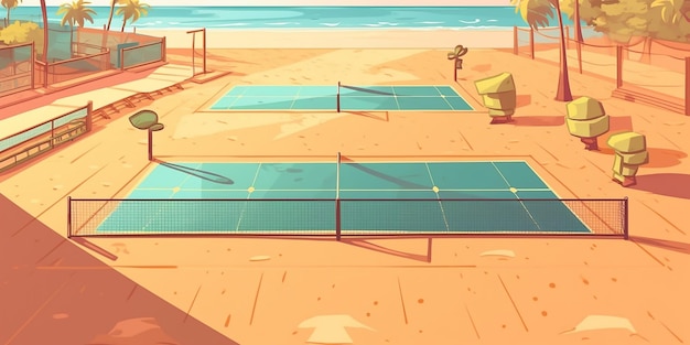 Une image de dessin animé d'un court de tennis avec une plage et un parapluie bleu.