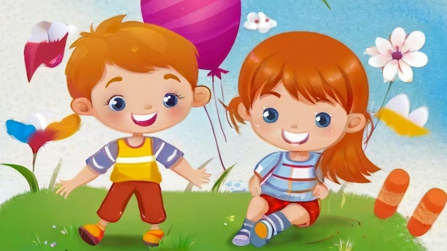 une image de dessin animé de deux enfants et un ballon avec le numéro 3 dessus