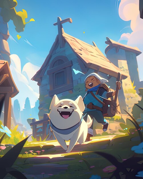 une image de dessin animé d'une église avec un chien et une croix en arrière-plan