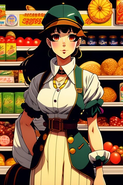 Une image de dessin animé d'une femme dans un magasin avec un plateau de nourriture devant elle.
