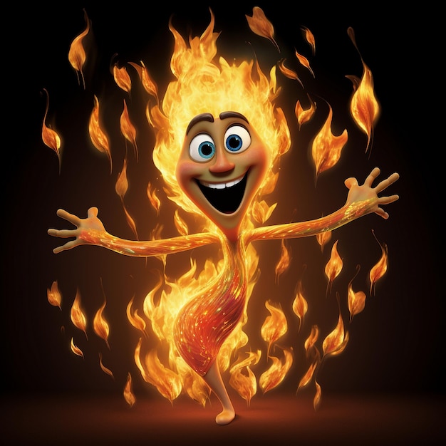 une image de dessin animé d'un feu avec un visage et des bras tendus.